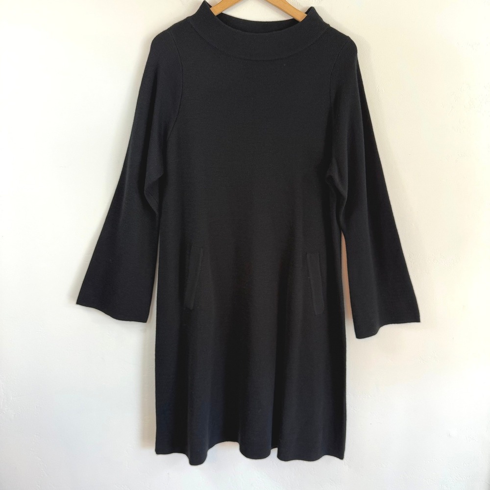 Linea Wool Blend Black Knit Sweater Dress XL Mock Neck Bell Sleeve Minimalist